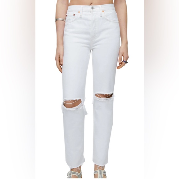 RE/DONE 26 Jeans 70s High Rise Straight White Destroyed Button Fly $295